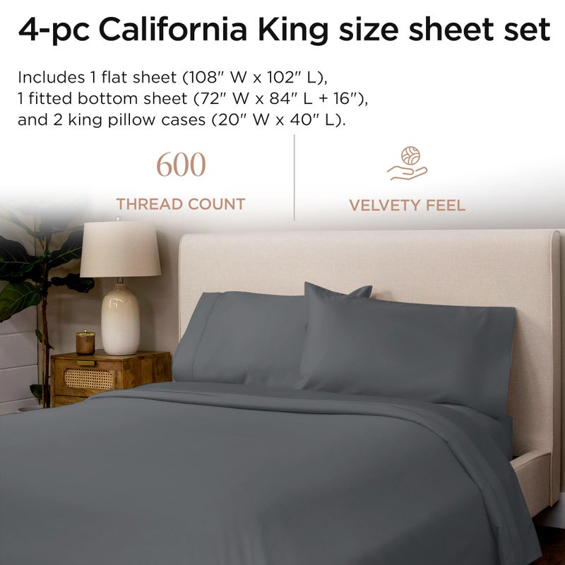 Threadmill 100% Cotton Sheets for Cal King Size Bed - 600 Thread Count Cal King Bed Sheets Set with 16â€ Deep Pocket - Sateen Weave 4-Piece Bedding Set with Cooling Effect, Dark Grey - Image 2